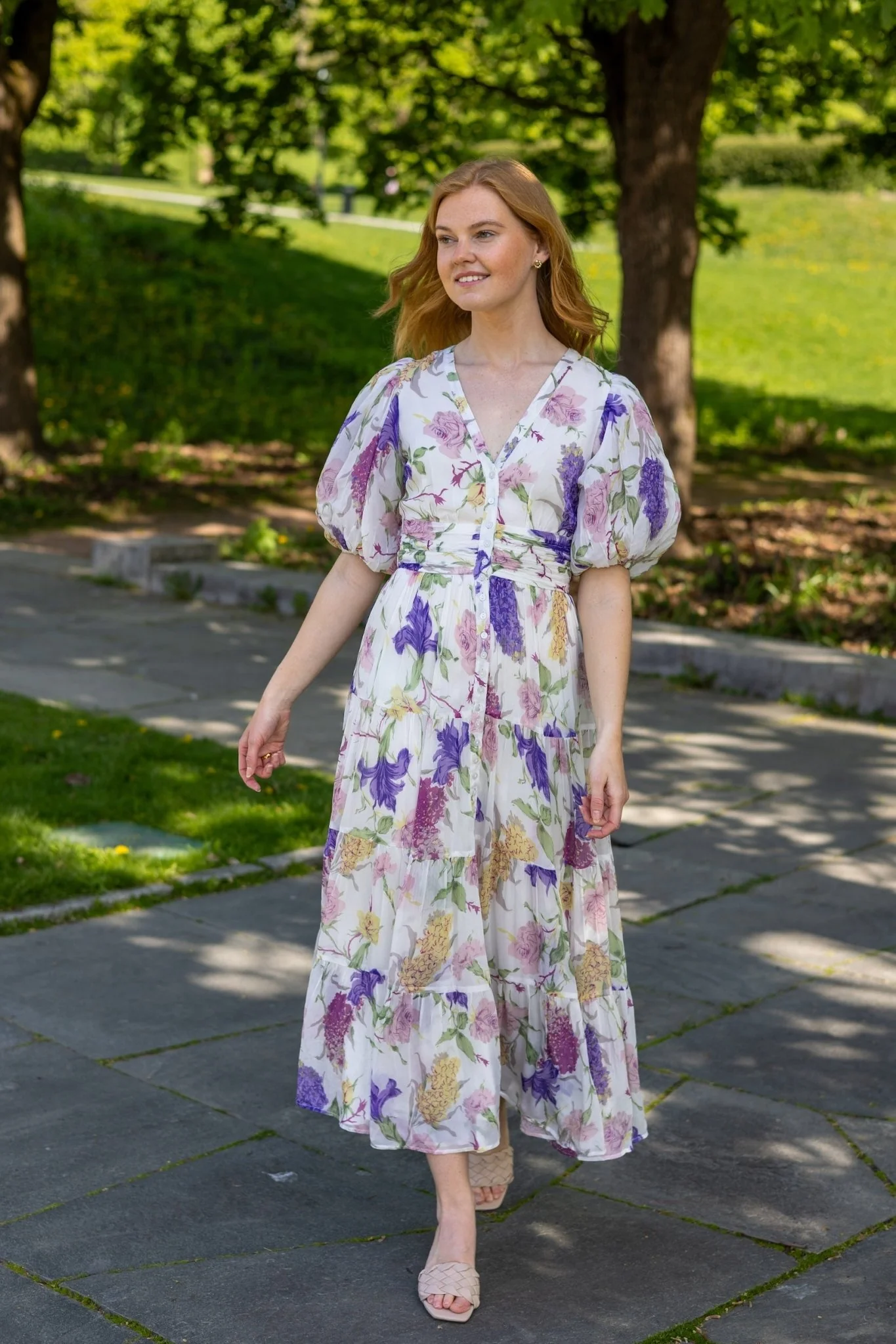 Chiffon Midi Dress Flower Garden