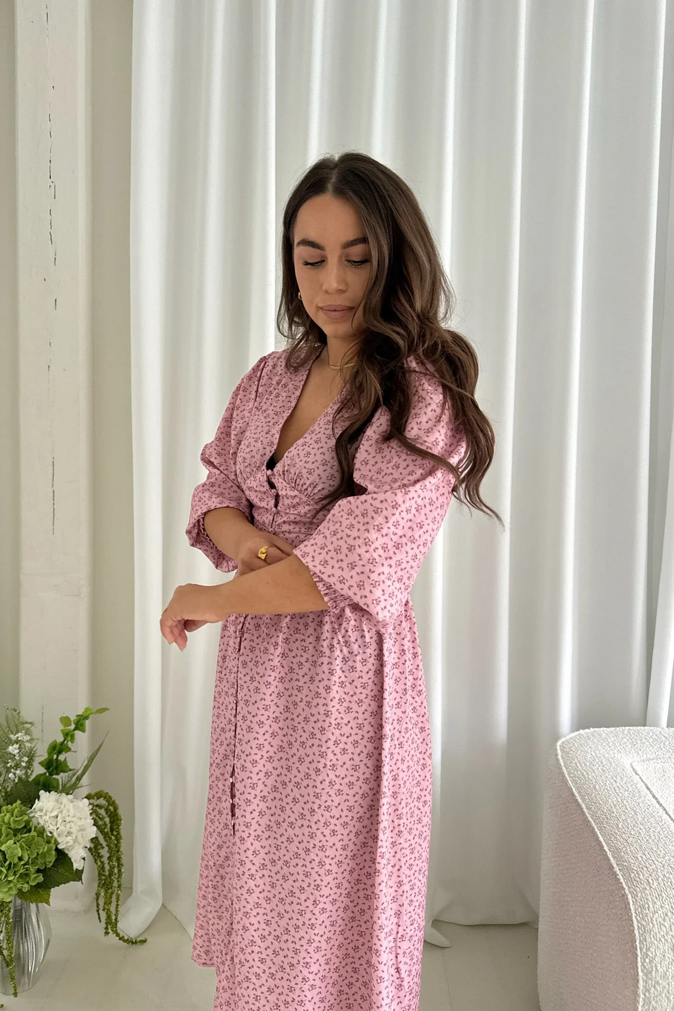 Adelic Long Dress Pink Flower Stem Print - Image 10