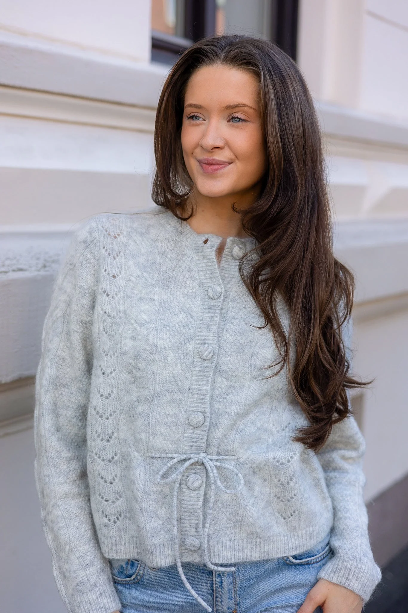 Vera Ls Knit Belt Cardigan Light Grey Melange - Image 3
