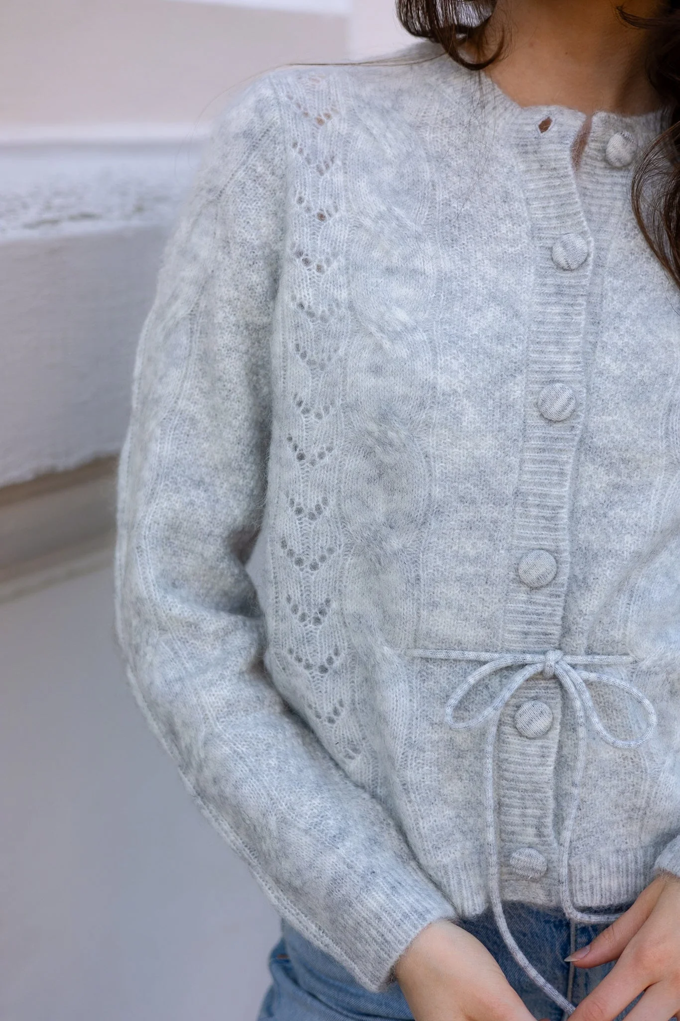 Vera Ls Knit Belt Cardigan Light Grey Melange - Image 4