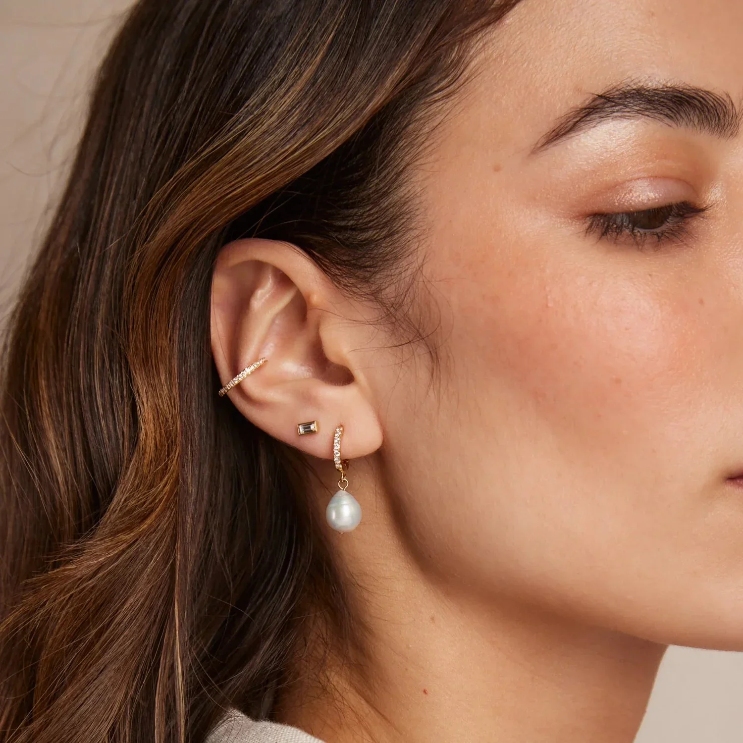 Pearl Drop Pave Hoop Earring Pearl - Image 3