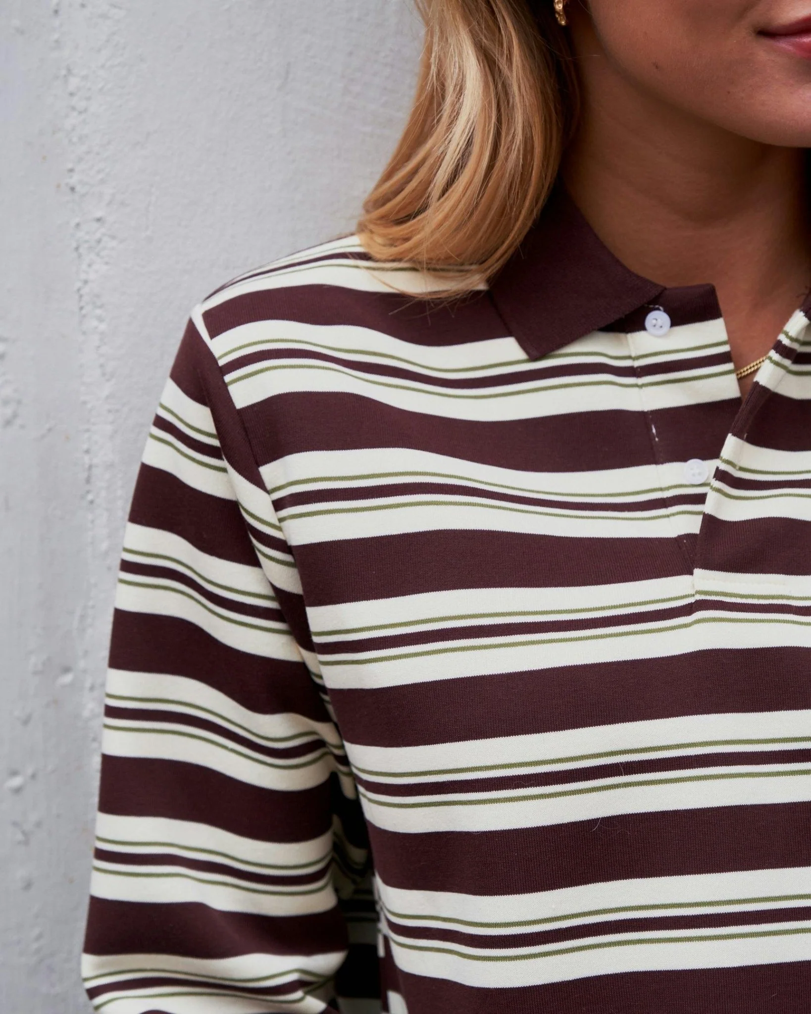 Mala Stripe Polo Blouse Brown - Image 6