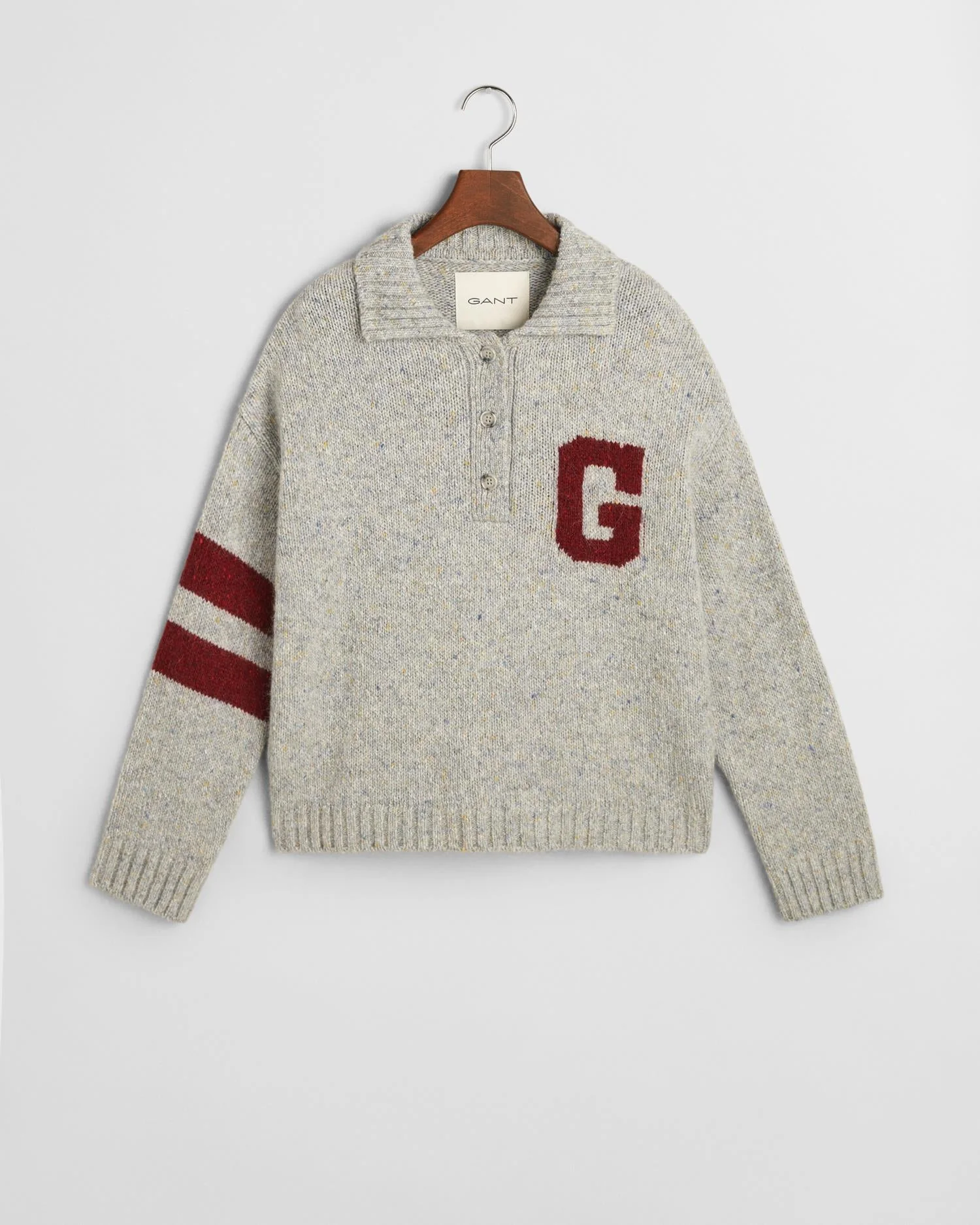 G Intarsia Knitted Polo Sweater Light Grey Melange