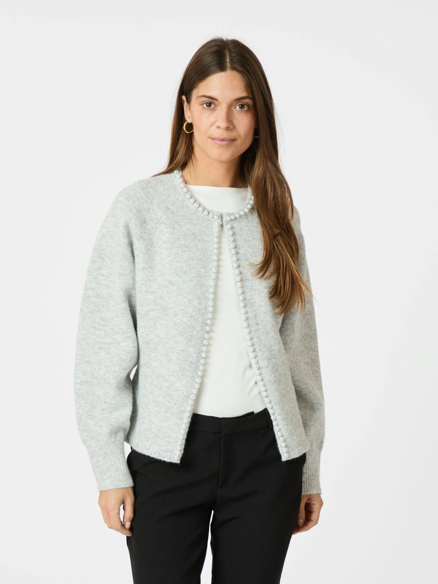 Lilly Pearl Knit Cardigan Light Grey Melange - Image 3