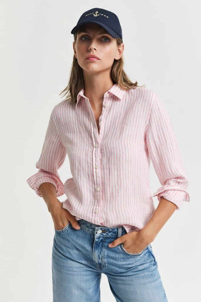 Regular Fit Striped Linen Shirt Geranium Pink - Image 6