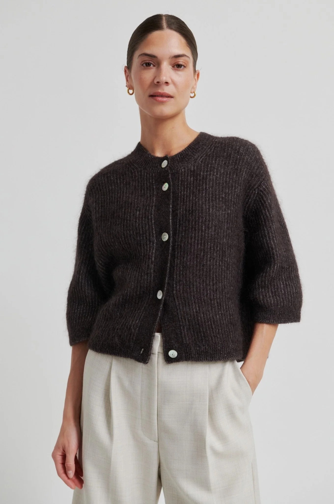 Andrea Knit Rib Cardigan Chocolate Torte - Image 2