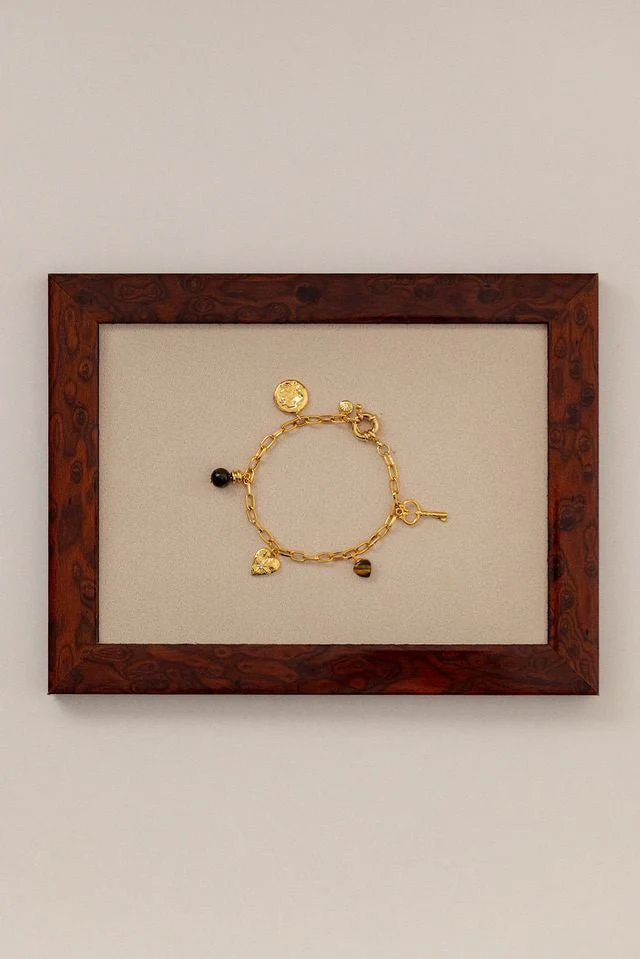 Mixed Charm & Tigers Eye Bracelet Pale Gold - Image 2