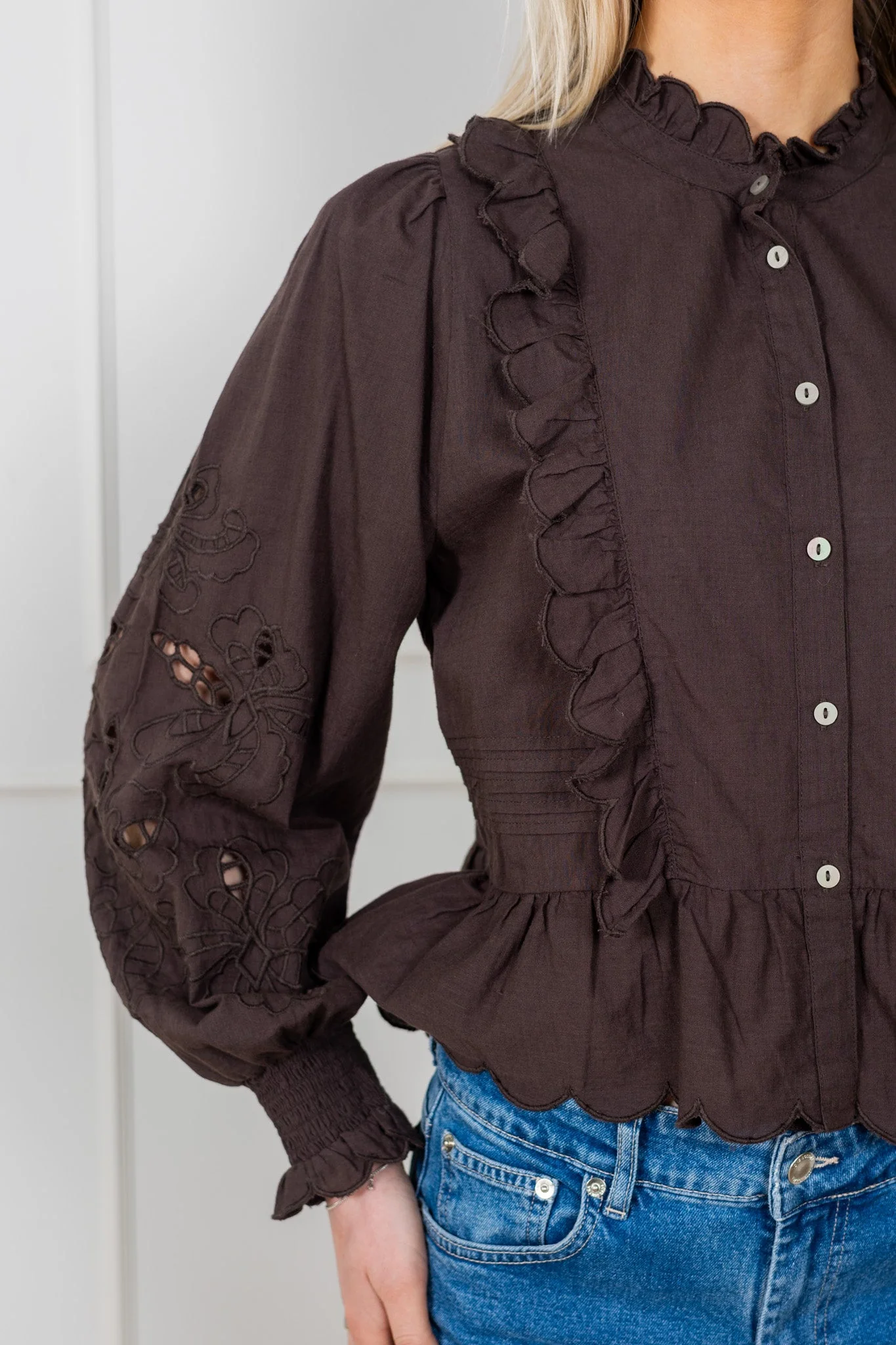 Petrine Embroidery Blouse Dark Brown - Image 8