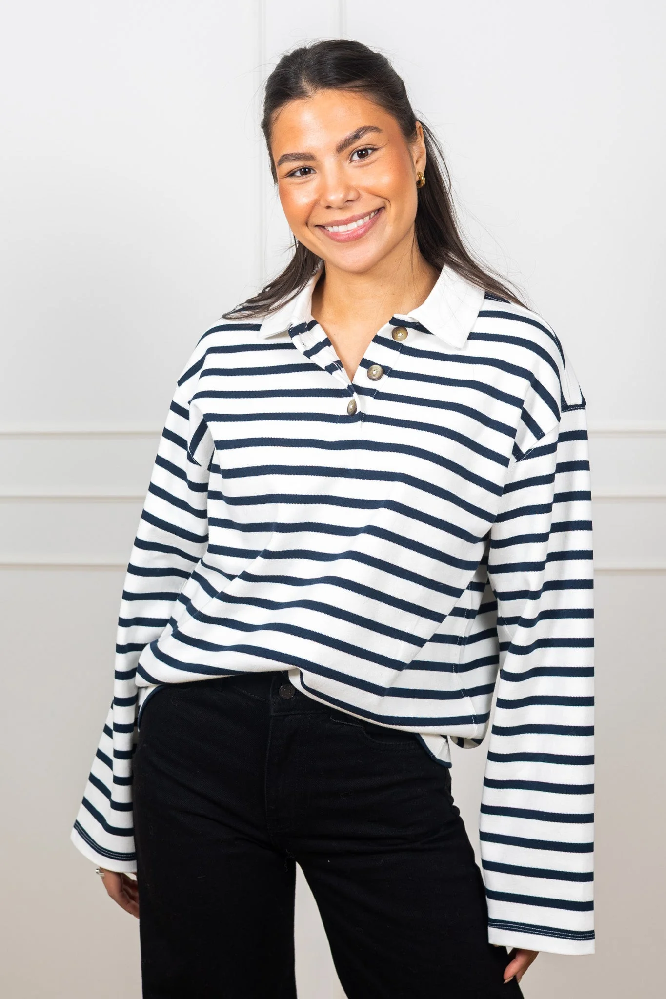 Wada Ls Stripe Collar Top Dark Sapphire Snow White