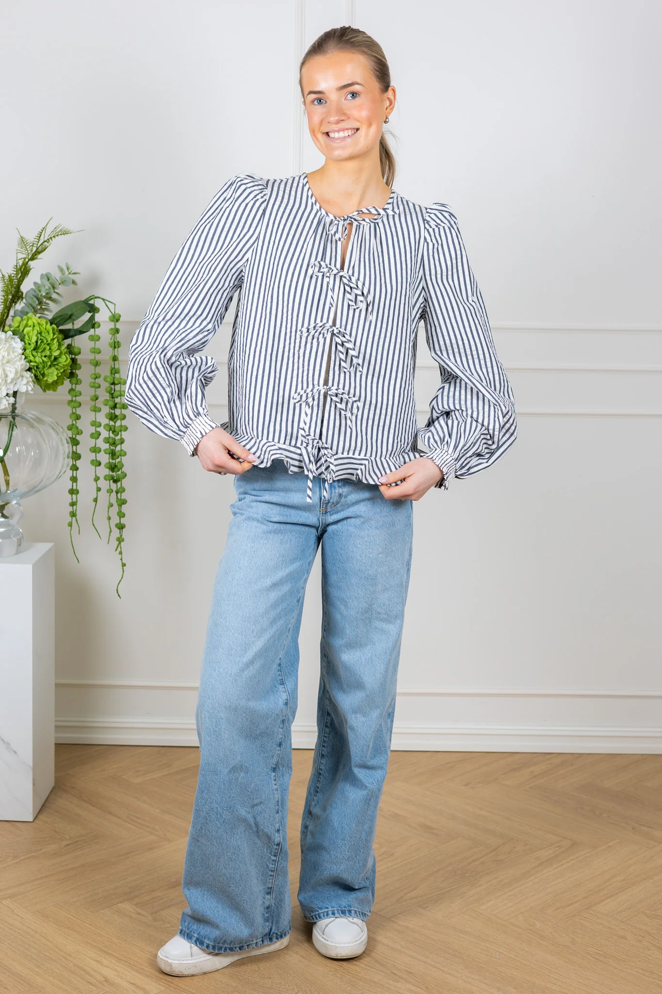 Seersucker Bow Blouse Marine Stripe - Image 4