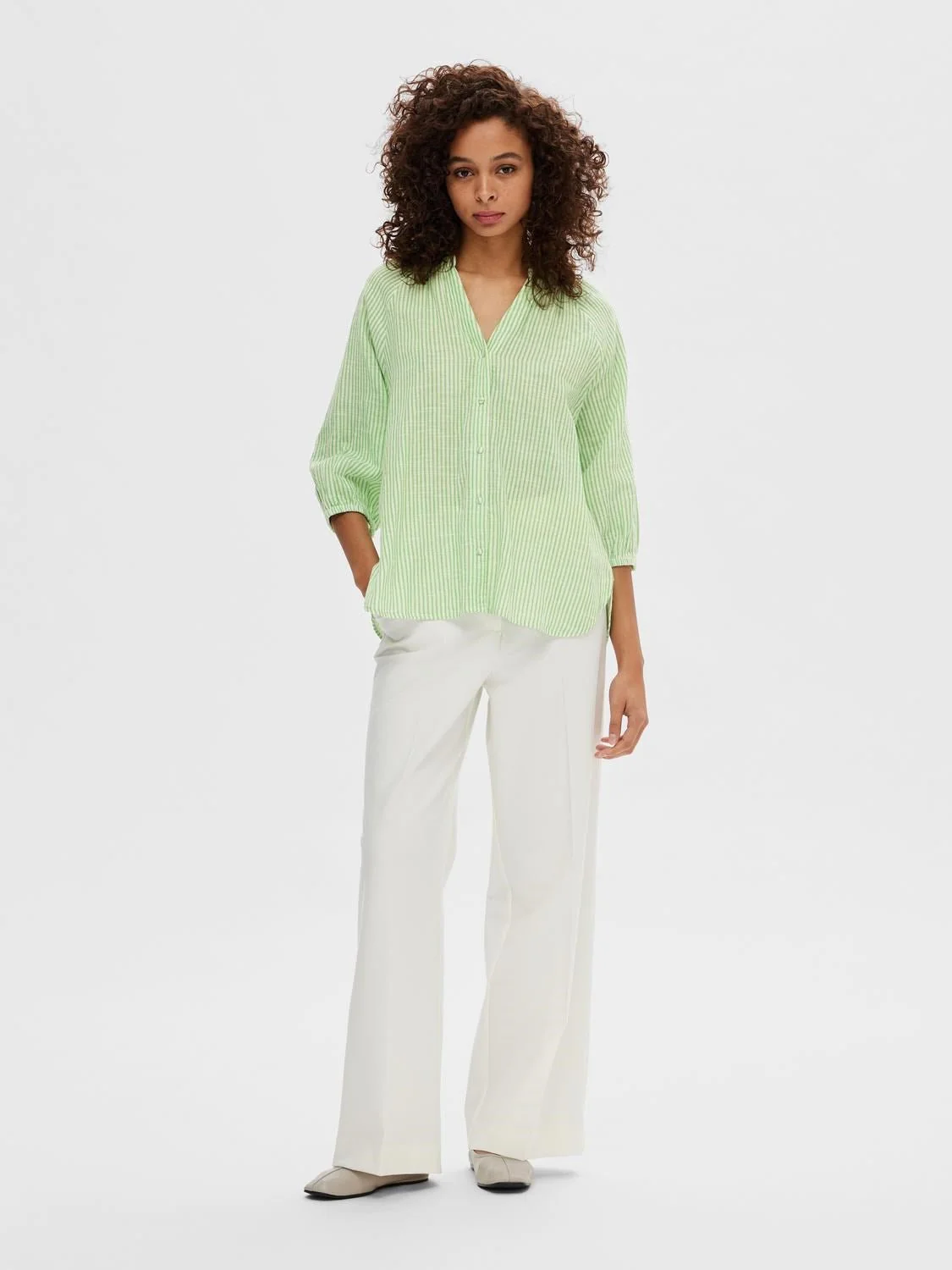 Alberta 3/4 Stripe Shirt Snow White Classic Green Stripes - Image 4