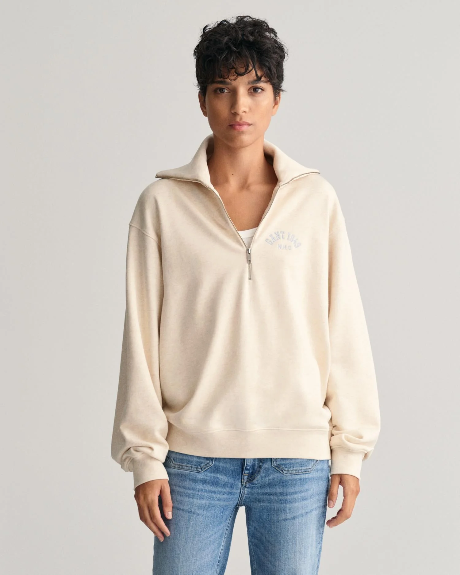 Gant Arch Graphic Half Zip Sweatshirt Oat Melange