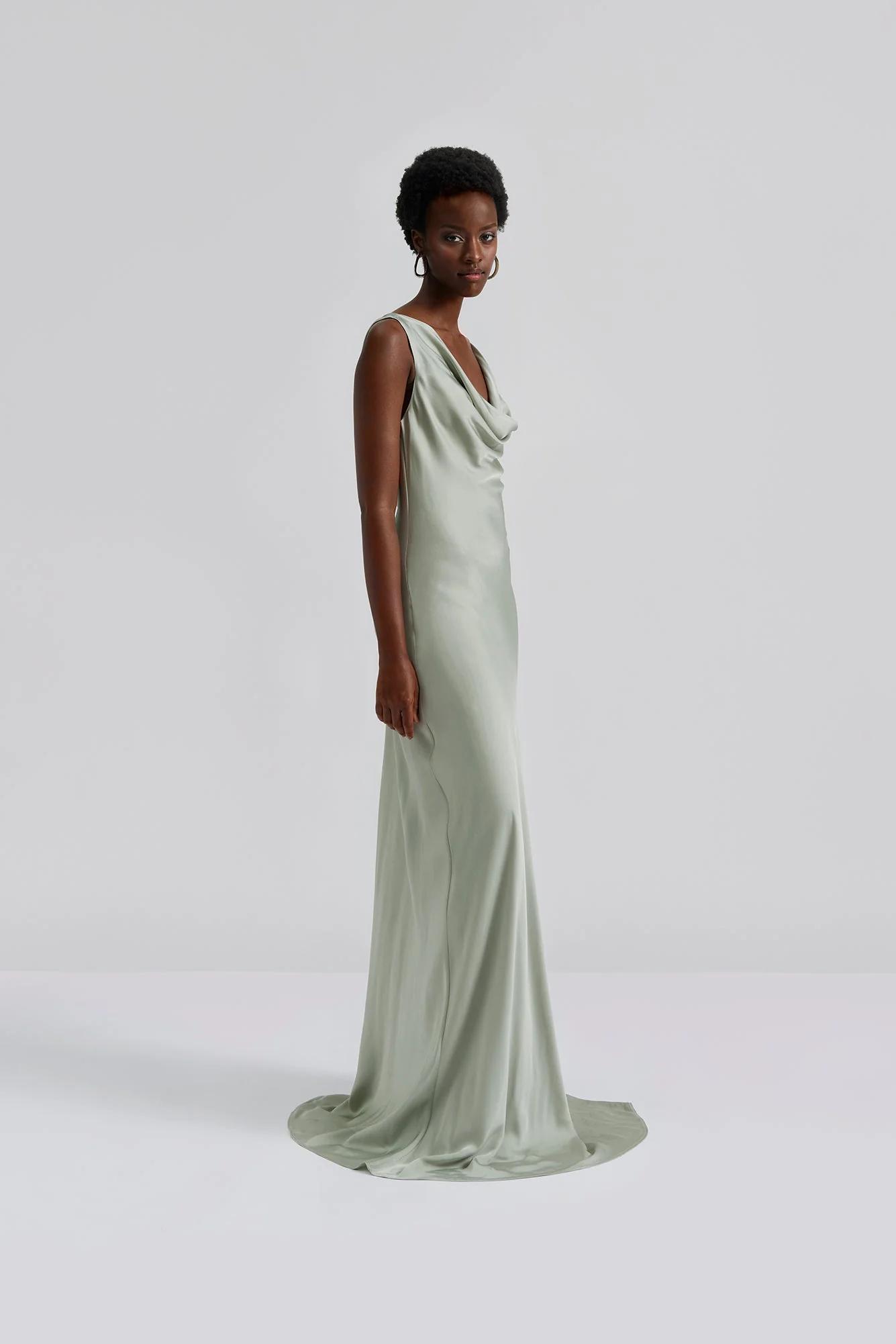 Leah Cowl Satin Maxi Dress Sage - Image 4